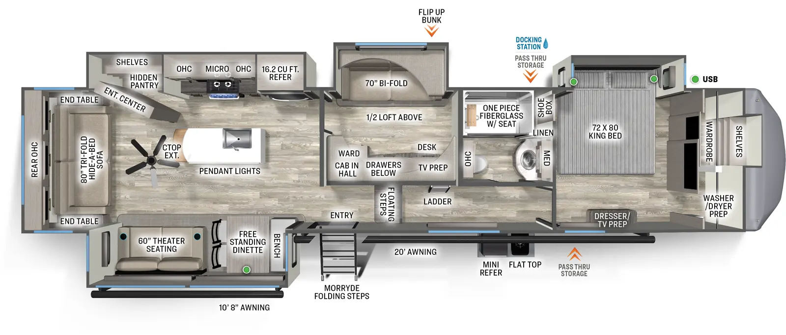 The Sierra Fifth Wheels 4003MB floorplan has one entry and four slide outs. Exterior features include: fiberglass exterior, 10'8" & 20' awning and outside kitchen. Interiors features include: bunk beds, loft, kitchen island, free-standing dinette option, front bedroom and rear living.